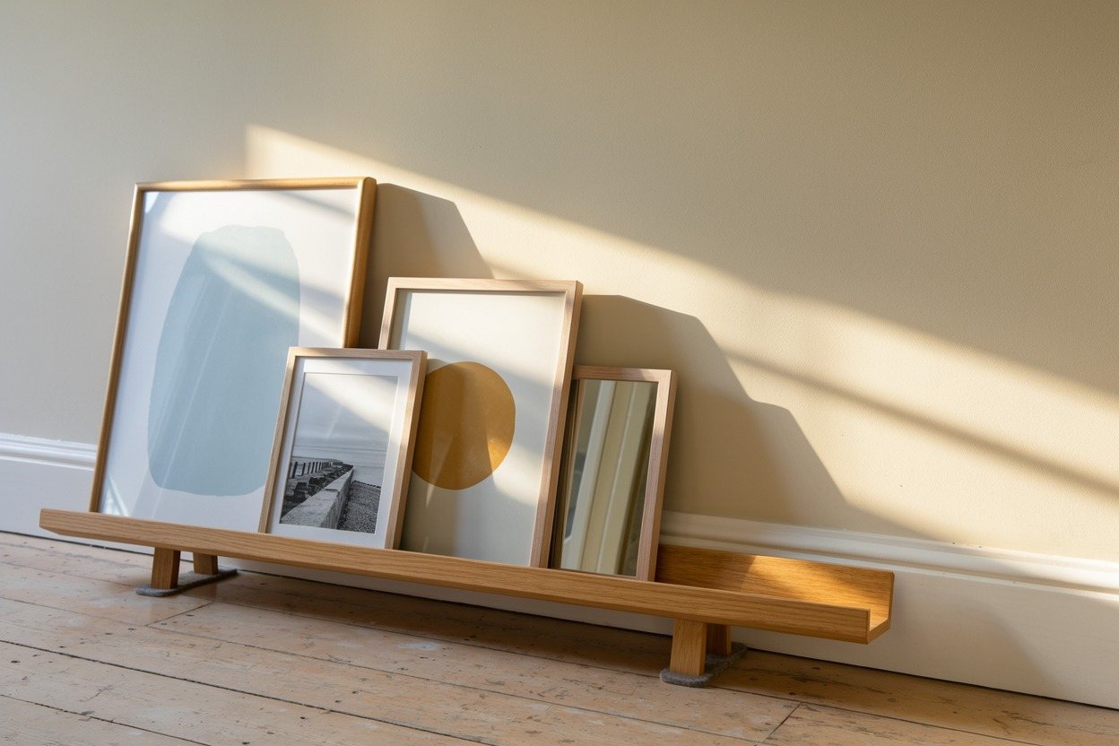 Frames leaning on the oak Ledge on the floor.