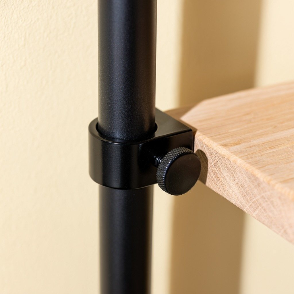 The clamp holding an oak shelf, close.