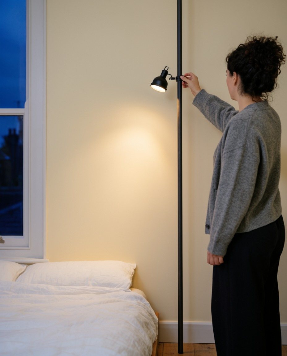 A woman angles a lamp clamped to the Pole in the evening.