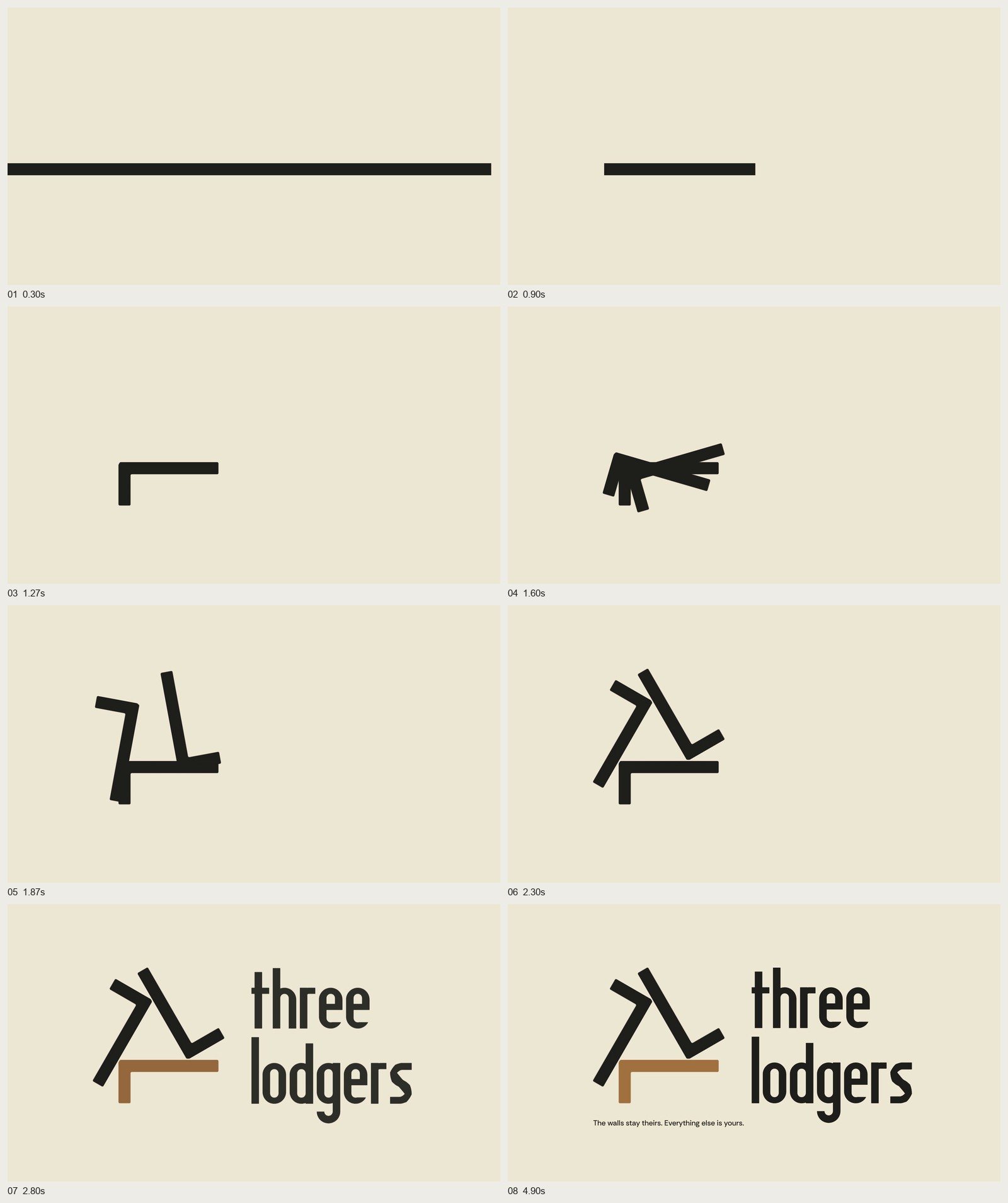 Contact sheet of the five-second sting: the line draws in and gathers into an L, two copies turn out of it, the level L turns oak and the name arrives.