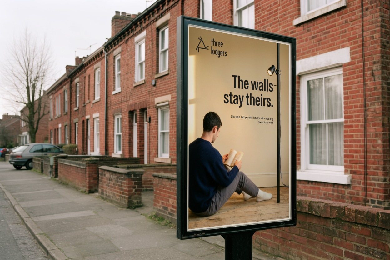 A six-sheet on a terraced street: a man reads under a lamp clamped to the Pole; The walls stay theirs.