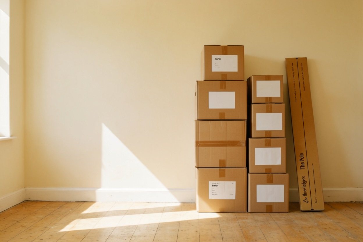 Moving cartons against a bare wall; the long Three Lodgers carton leans beside them and two boxes carry its inventory label.