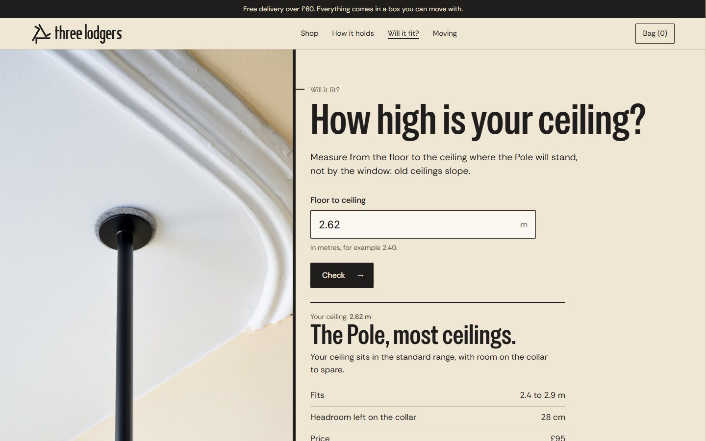 The fit check: a 2.62 m ceiling, answered with the Pole for most ceilings.