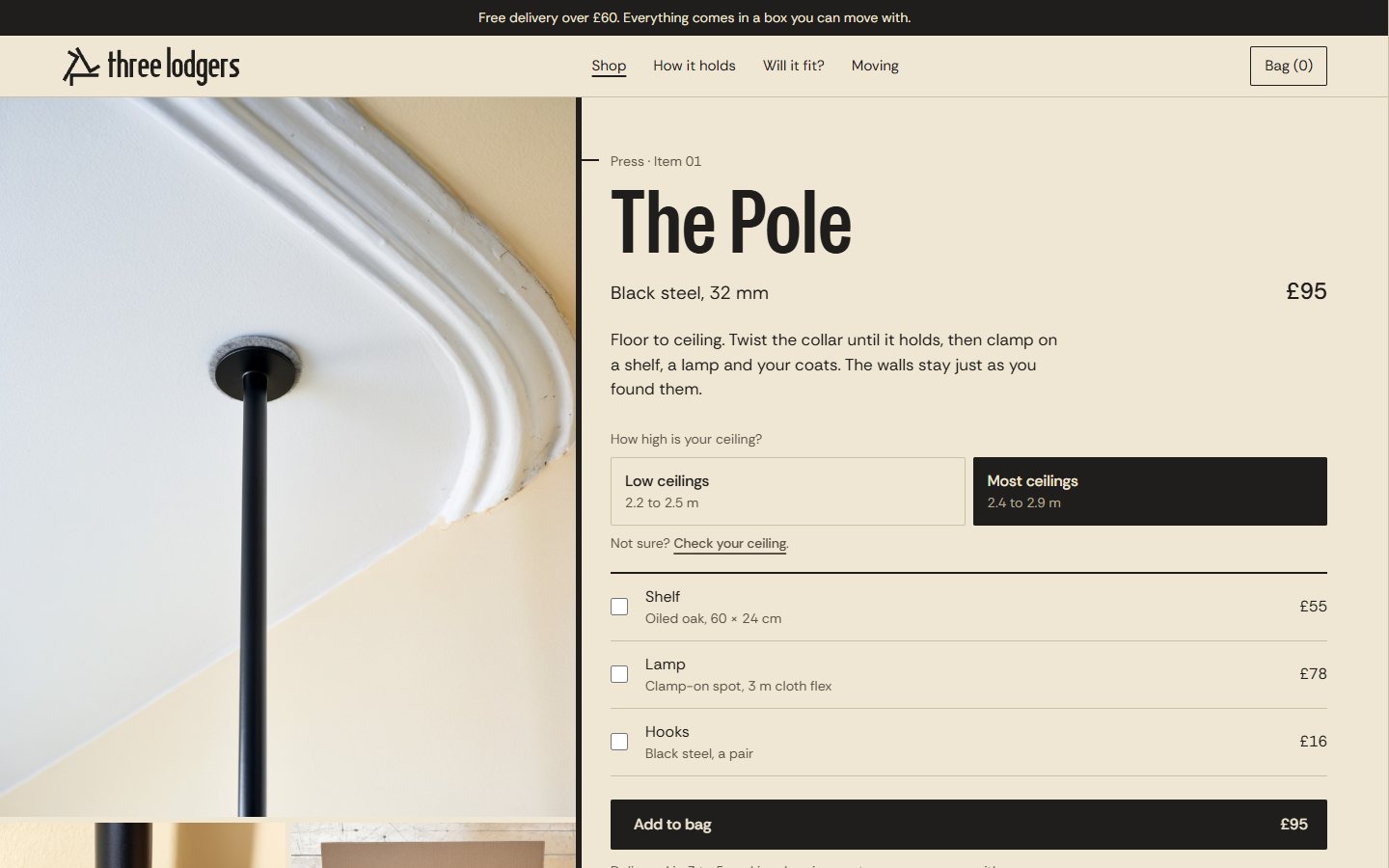 The Pole's product page: ceiling-height options, add-ons and the spec lines.