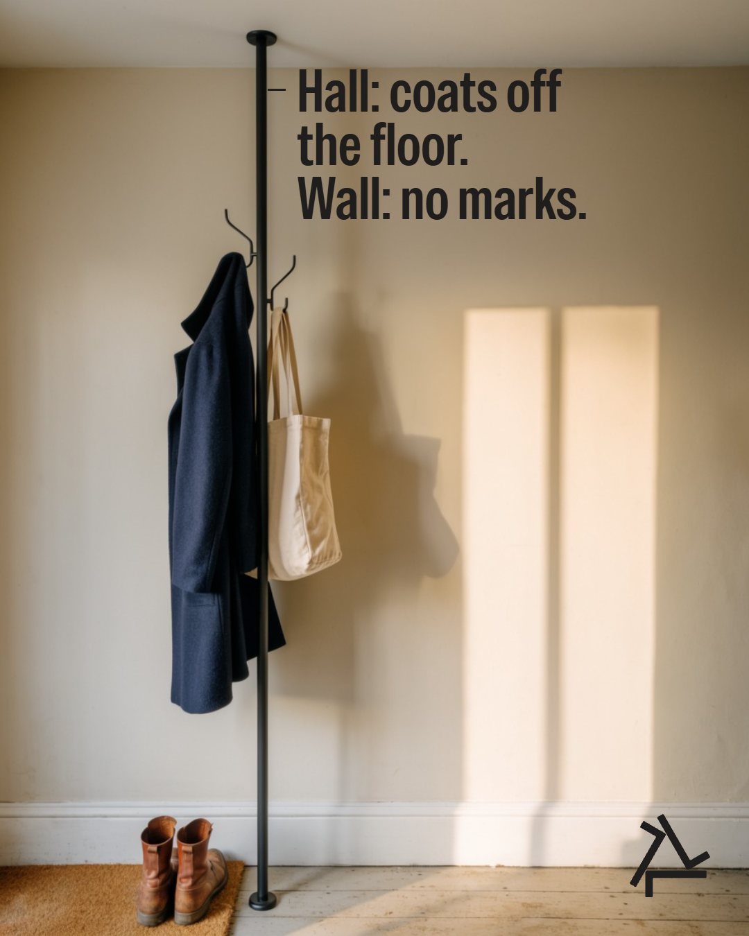 Social post: coats hang from the Pole in a hallway; the words clamp to the photograph's pole.