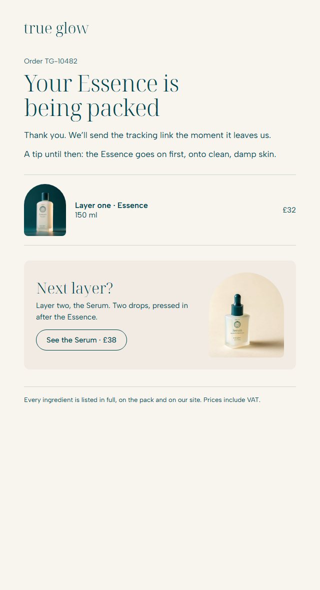 The order email: Your Essence is being packed