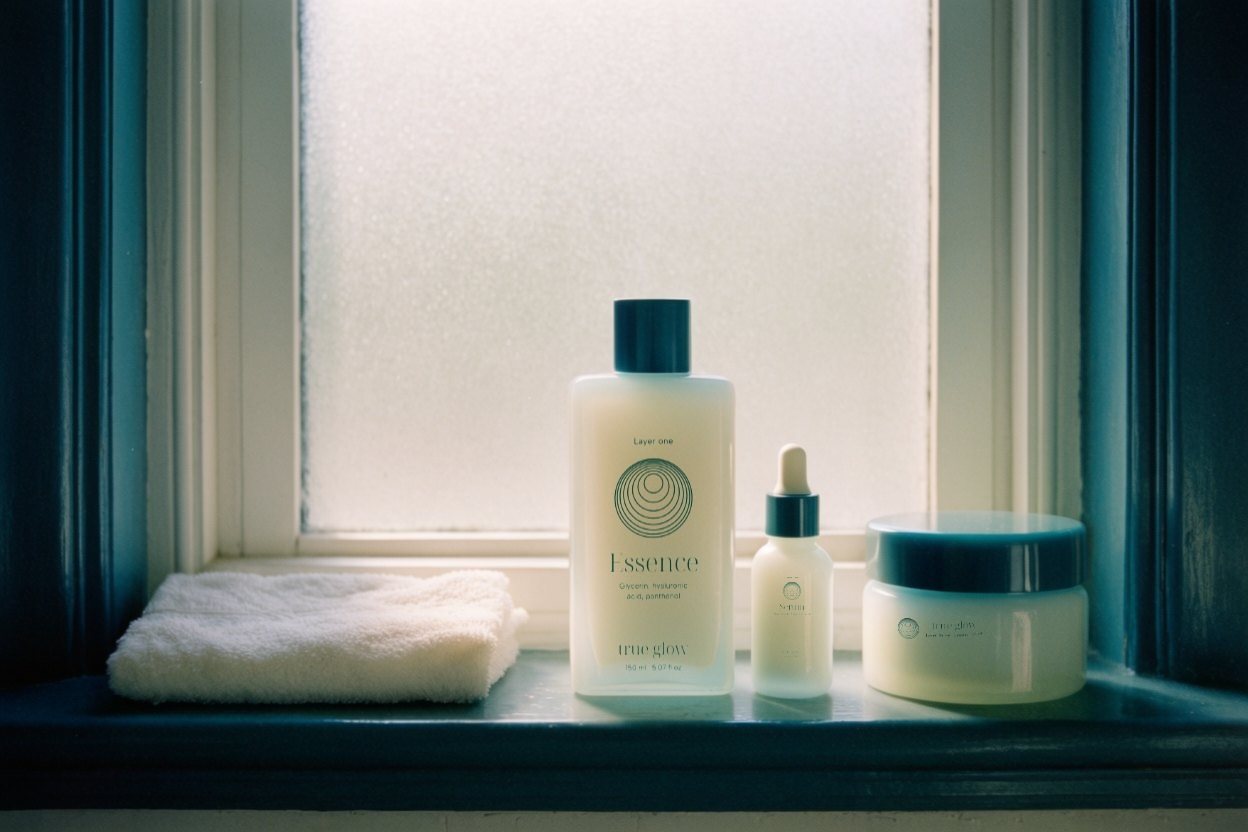 The three packs on a bathroom windowsill in morning light