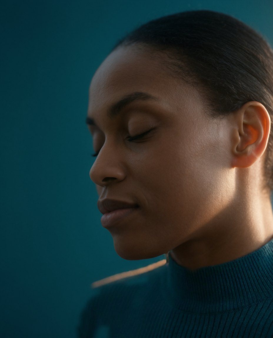A face in back-light: the edge of the ear glows warm