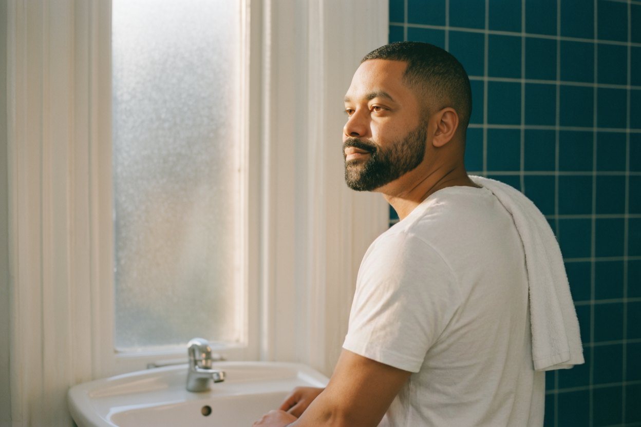 A man at a bathroom window in early morning light