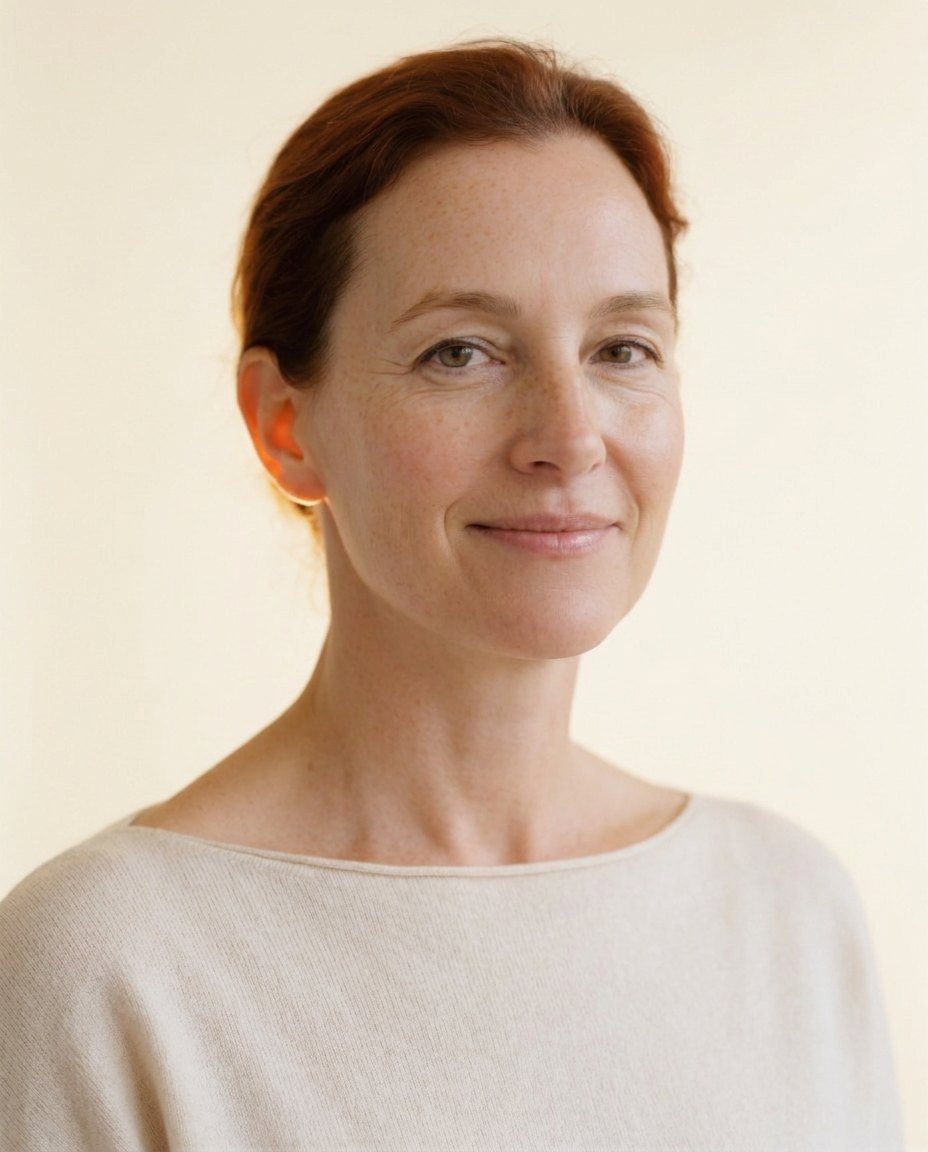 A woman in her forties in soft side light, the edge of her ear warm