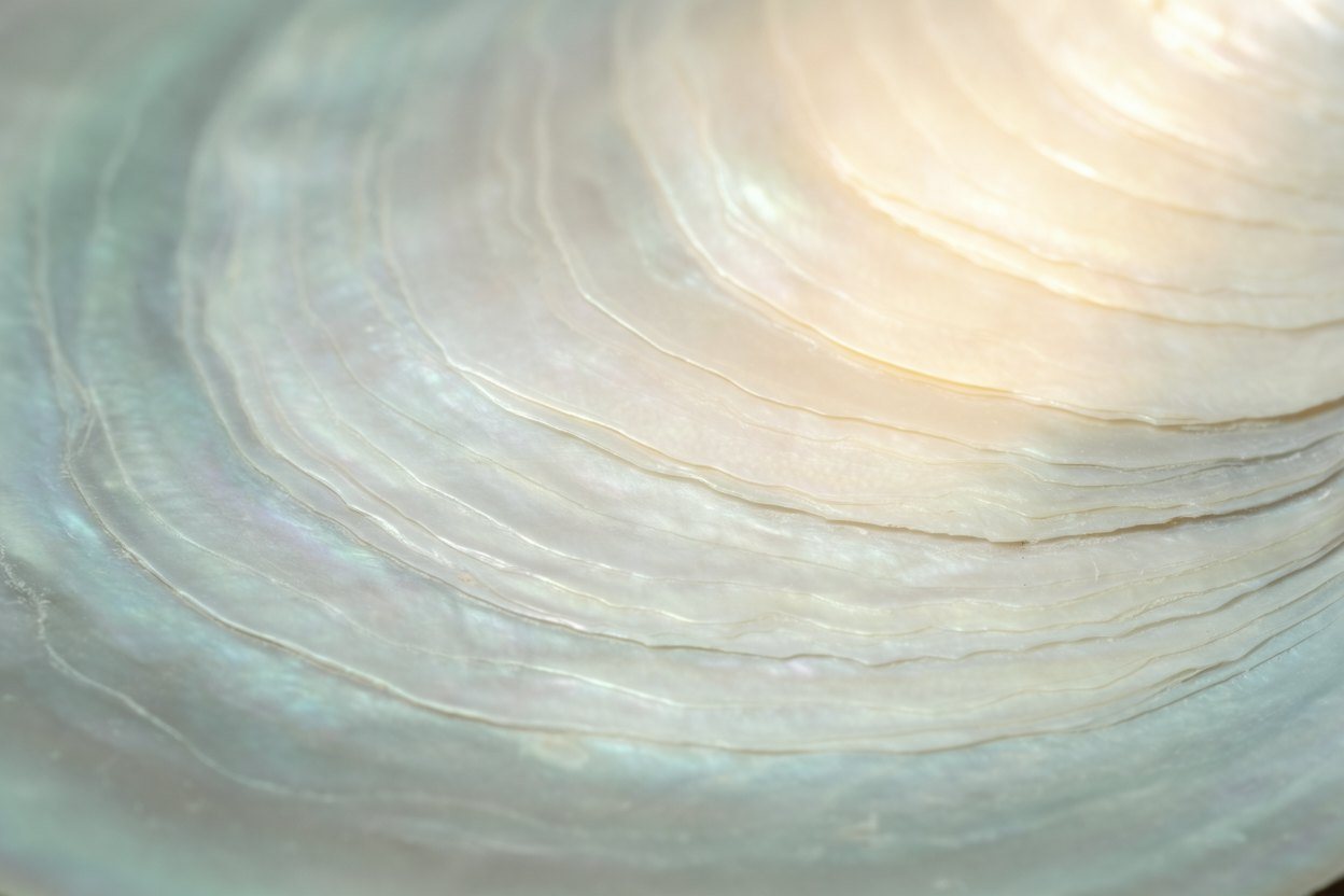 The inside of a mother-of-pearl shell, thin layer over thin layer