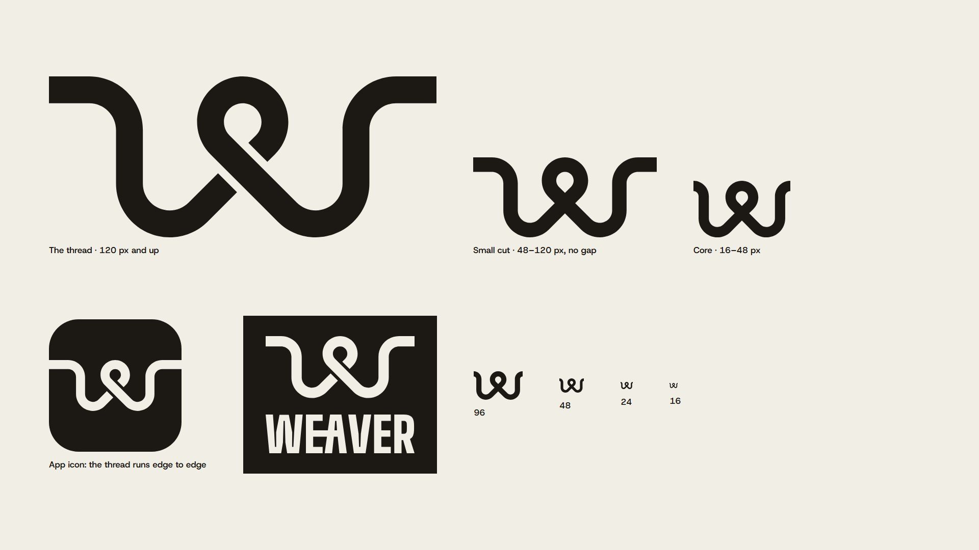 The thread, the small cut, the core at 96 to 16 px, the app icon and the stacked lockup