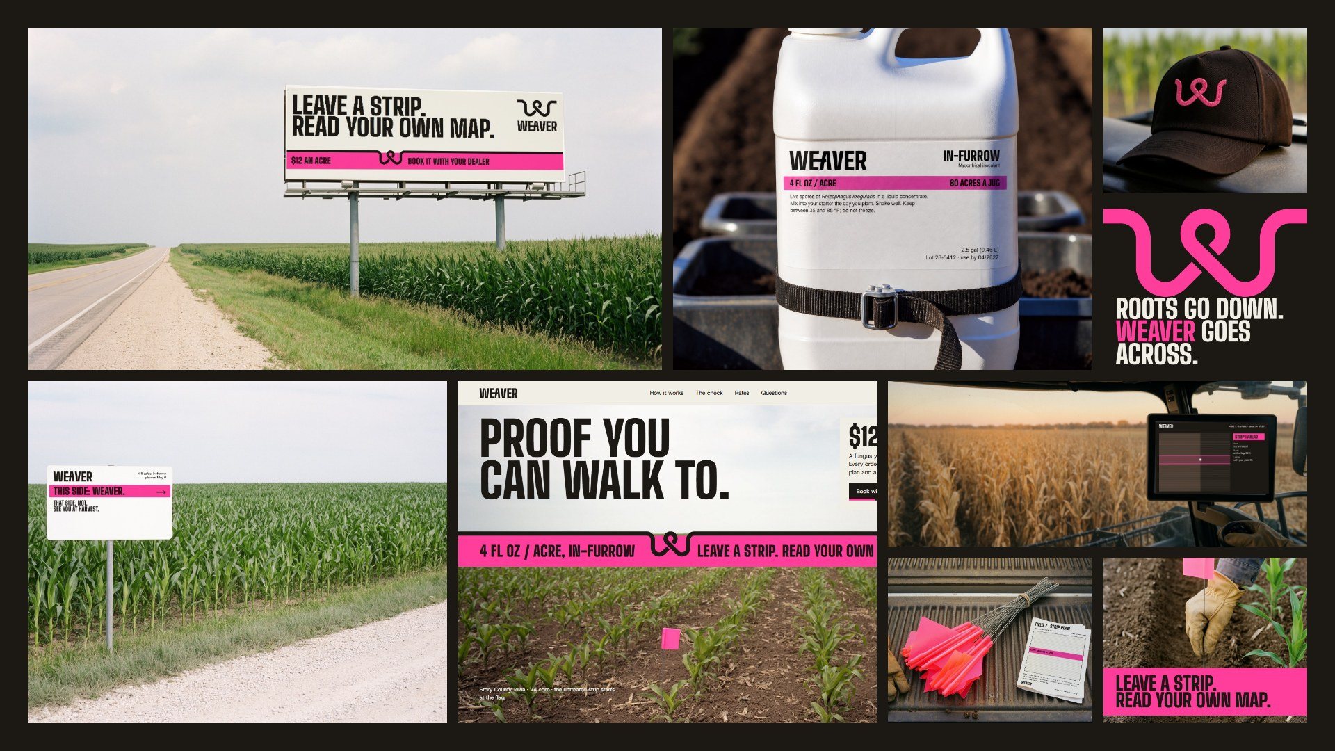 The system at a glance: the billboard, the jug, the cap, a post, the plot sign, the website, the cab and the tailgate