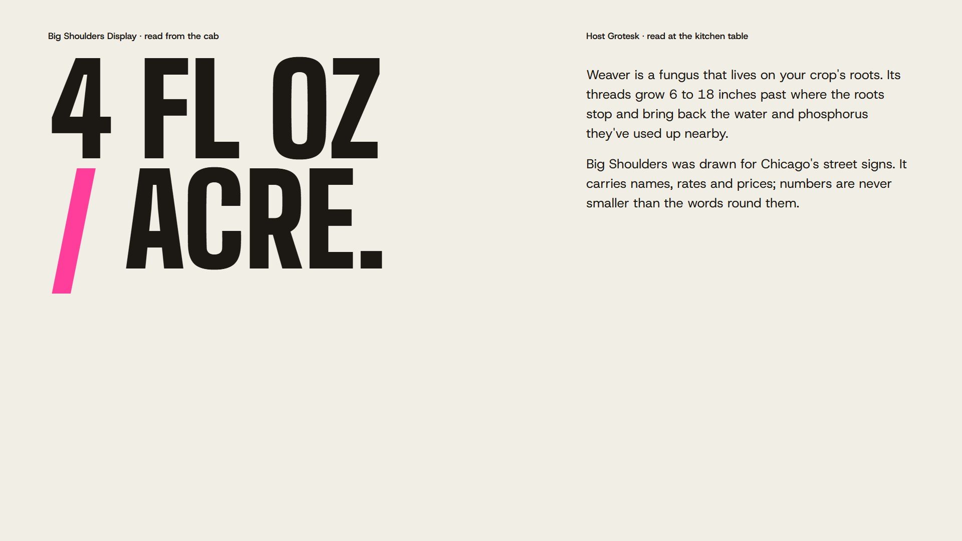 Type specimen: 4 FL OZ / ACRE in Big Shoulders Display beside a paragraph in Host Grotesk
