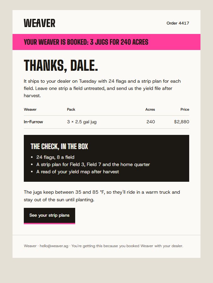 The Weaver order confirmation email