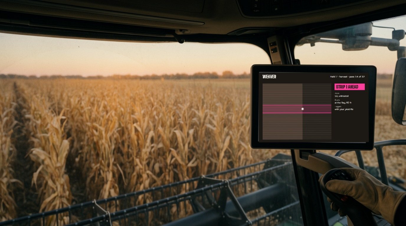The Weaver app on a tablet in a combine cab: strip 1 ahead