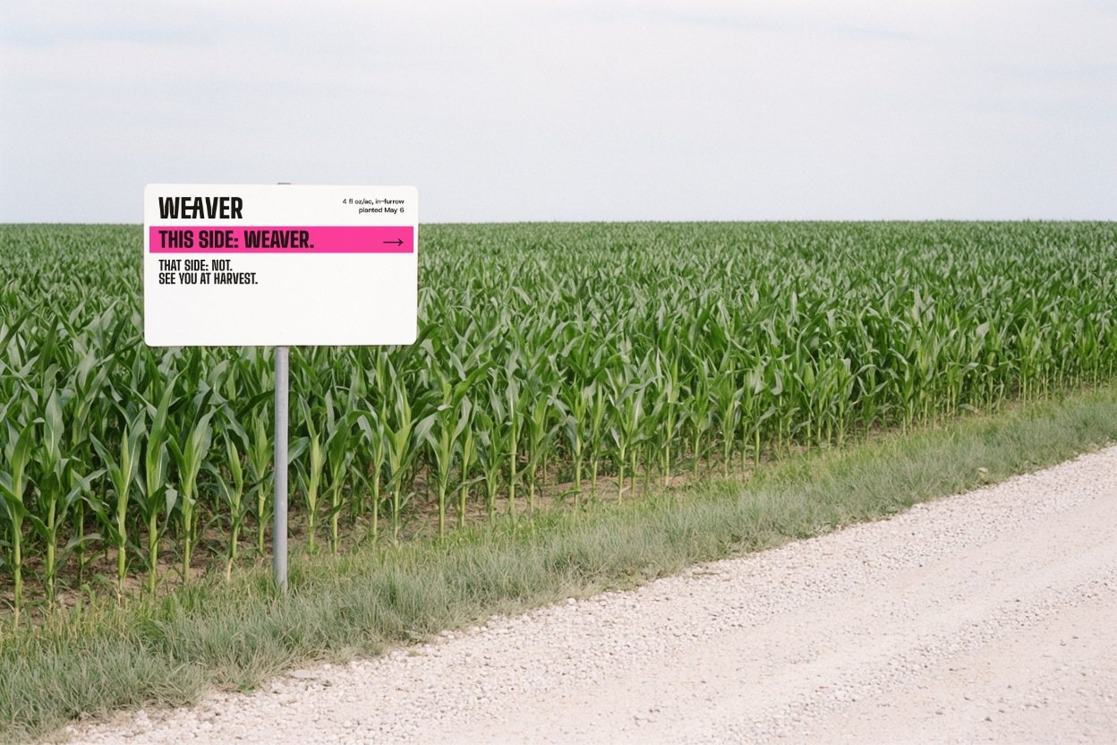 A Weaver plot sign at a field edge: This side: Weaver. That side: not.