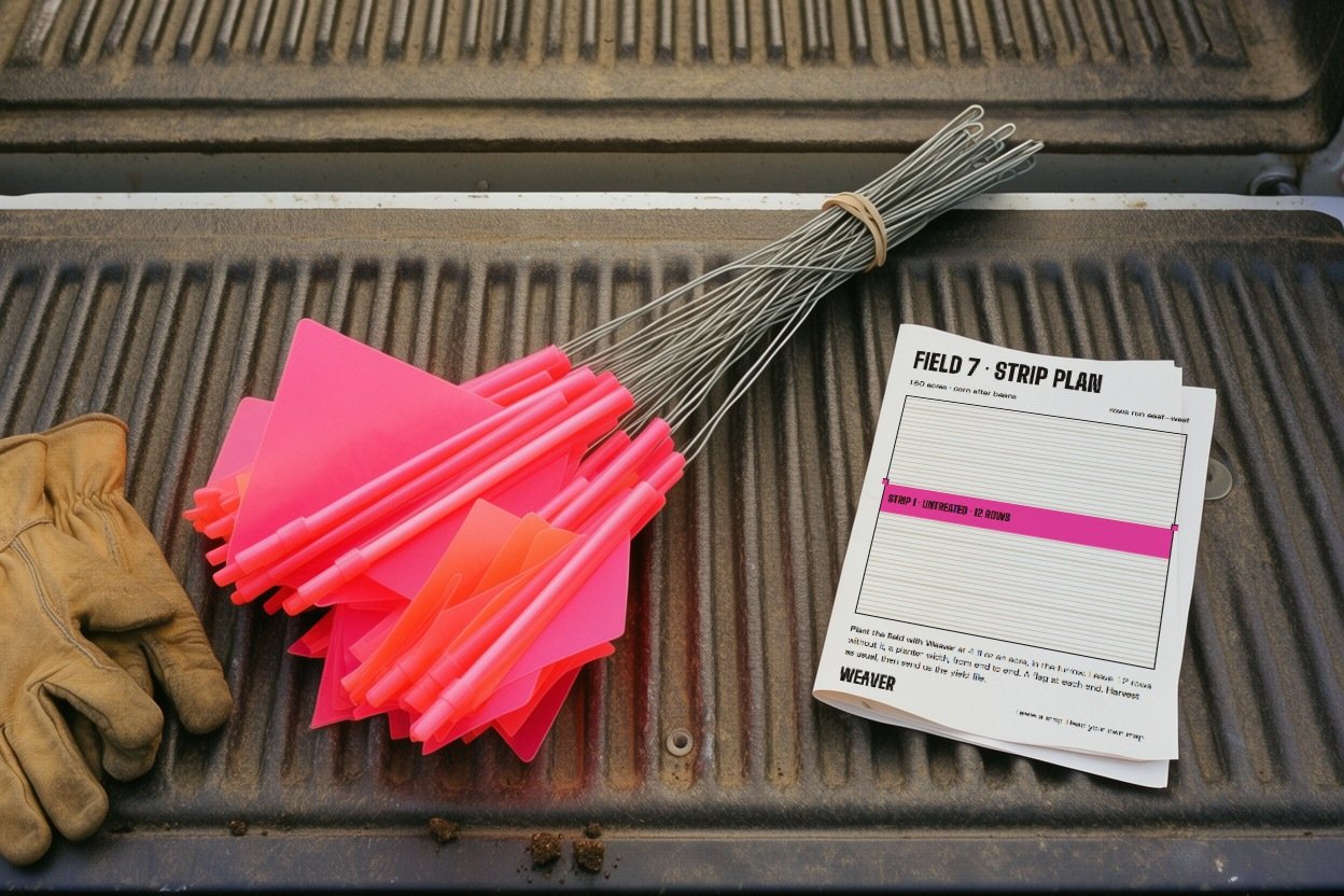 Pink flags and a Weaver strip plan on a pickup tailgate