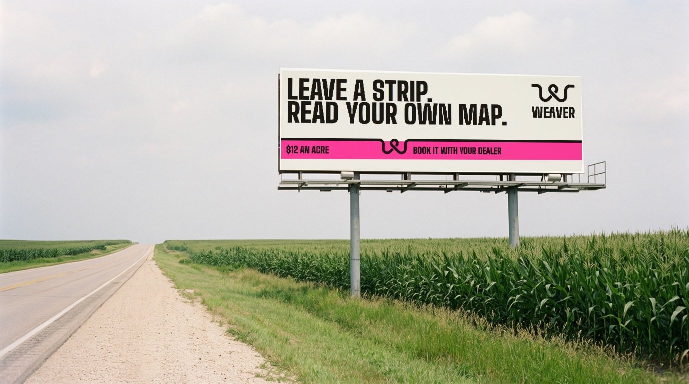 A Weaver billboard beside a rural highway: Leave a strip. Read your own map.