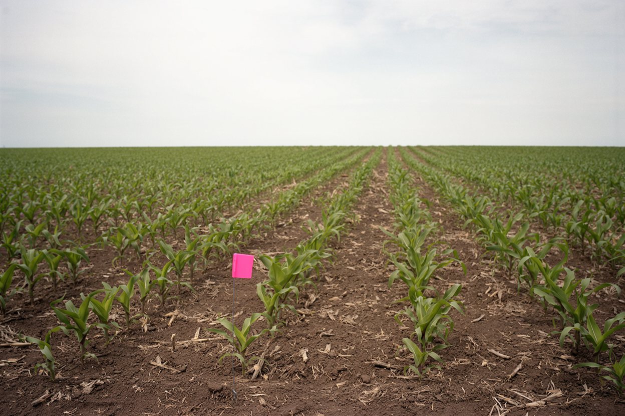 Young corn rows running to the horizon, a pink flag at the end of a strip