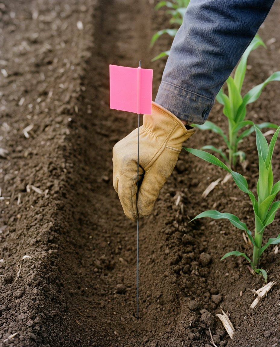 A gloved hand pushing a pink flag into the soil