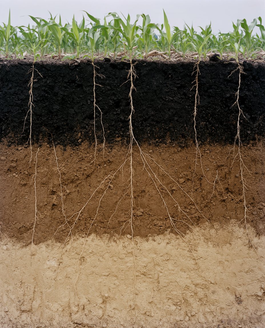 A soil pit wall under young corn: roots running down through black topsoil into loam and clay