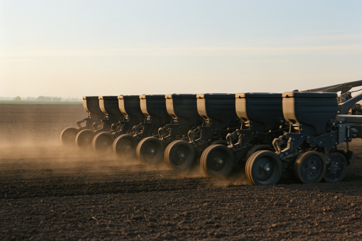 A dark grey planter crossing a bare field in early May