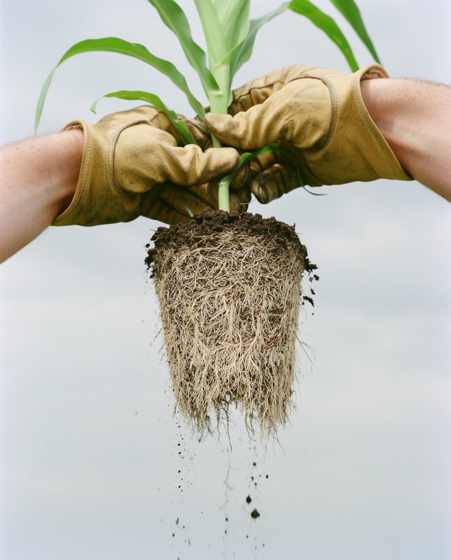 Gloved hands holding up a young corn plant, its roots and soil falling