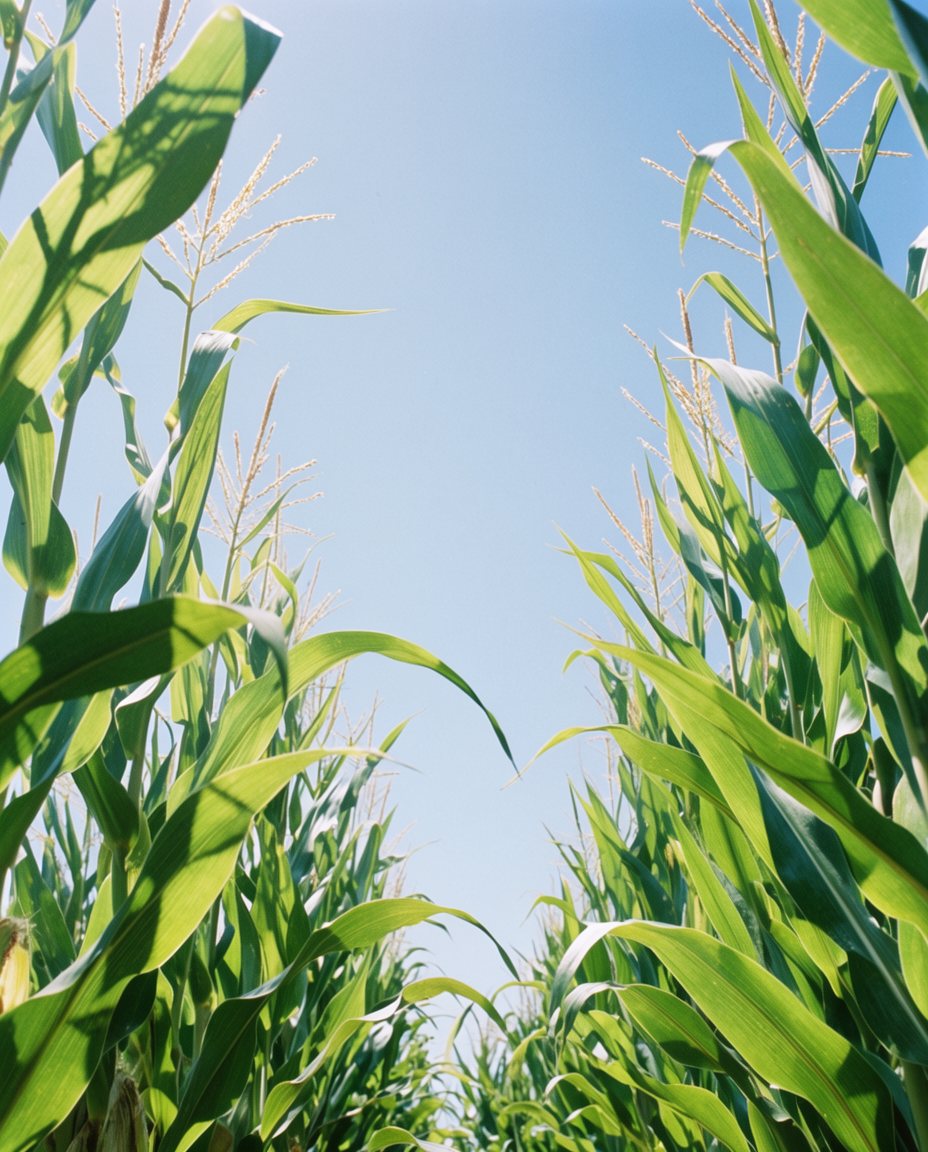 Looking up through July corn at a hard blue sky