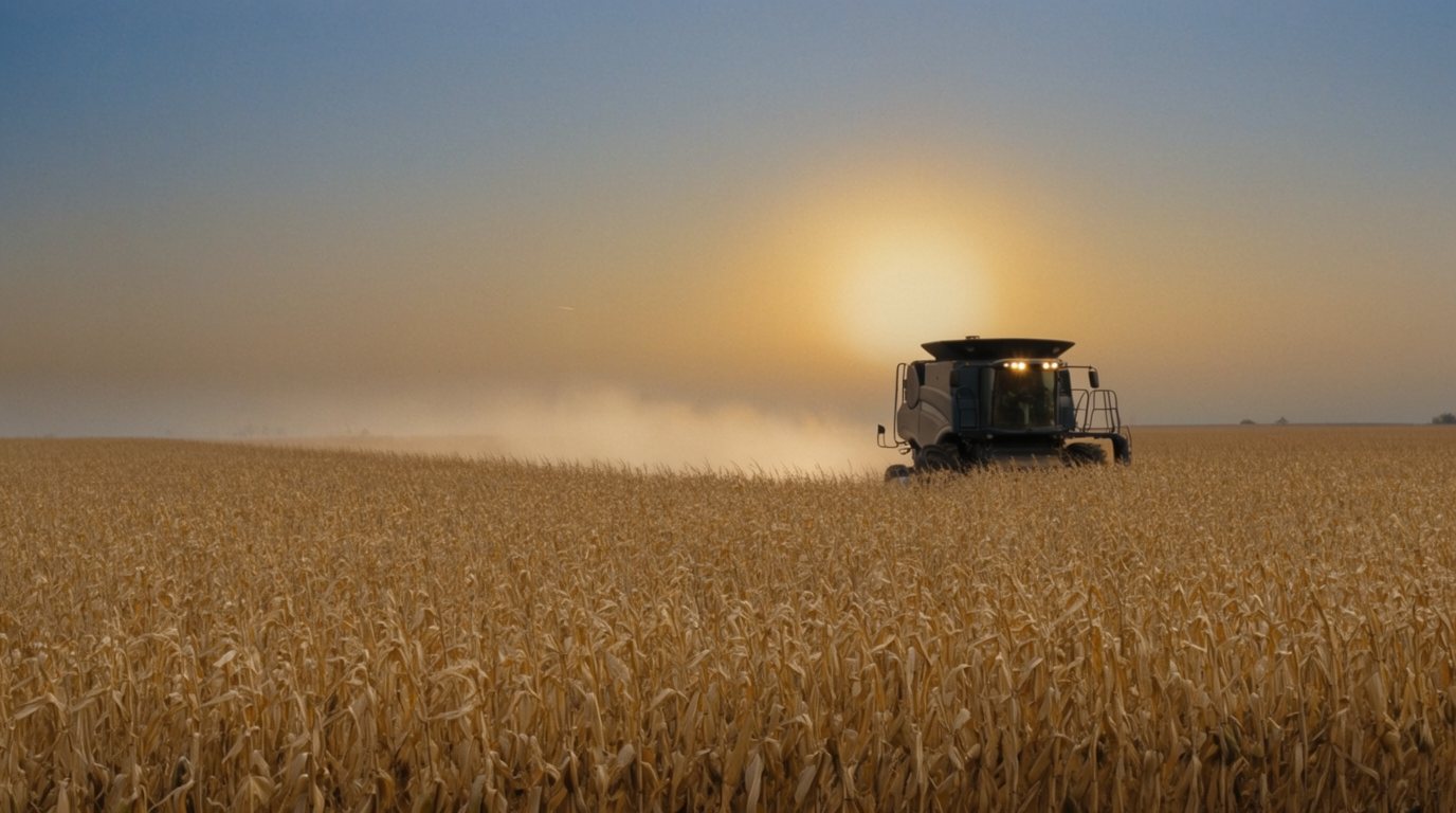 A combine harvesting at dusk, its dust glowing