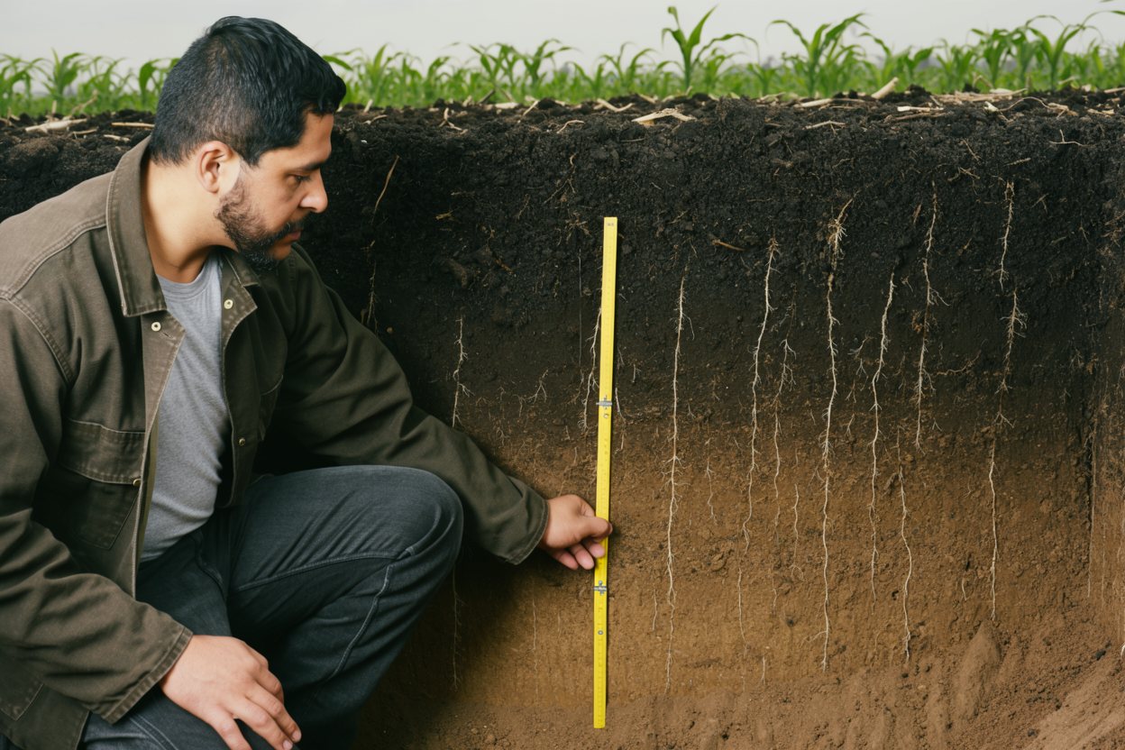 An agronomist measuring root depth in a soil pit